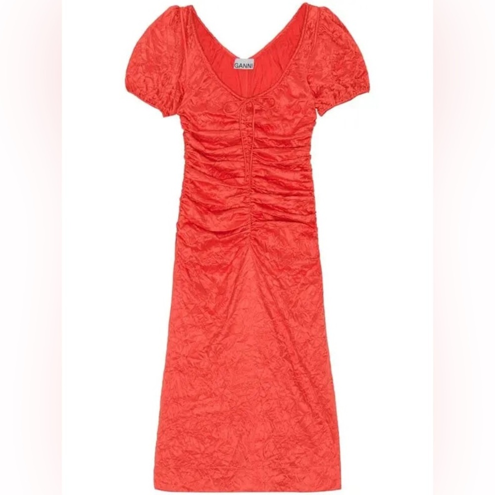 Ganni Women's Red/Orange Ruched Dress - Picture 3 of 7